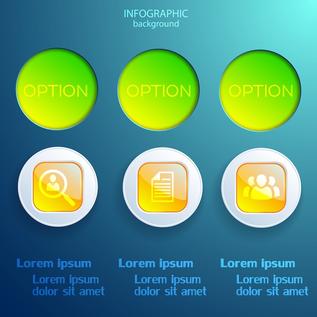 Infografica web aziendale con tre opzioni icone colorate elementi quadrati e rotondi isolati