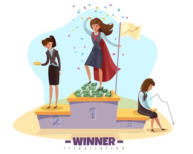 Бесплатное векторное изображение Бизнес победитель неудачник с деловыми женщинами женского стиля каракули персонажей на победителей подуим с редактируемым текстом