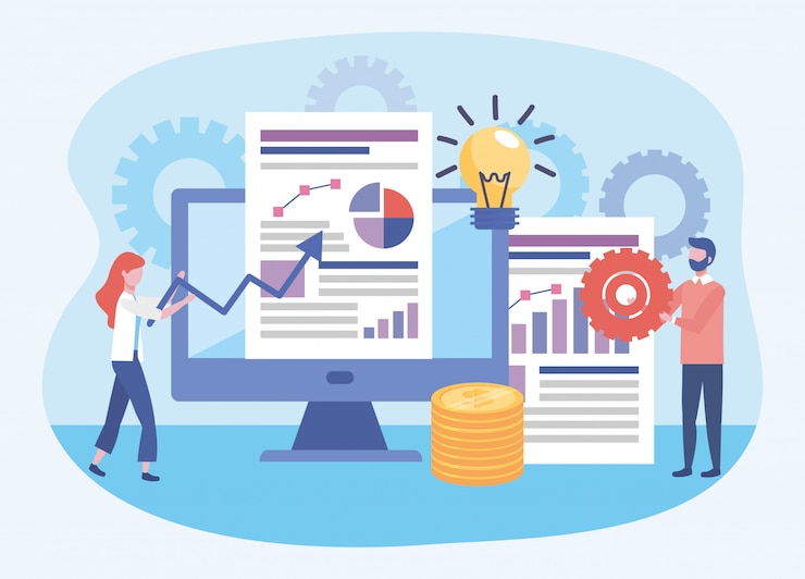Free Vector business woman and business man with diagram and statistics bar documents