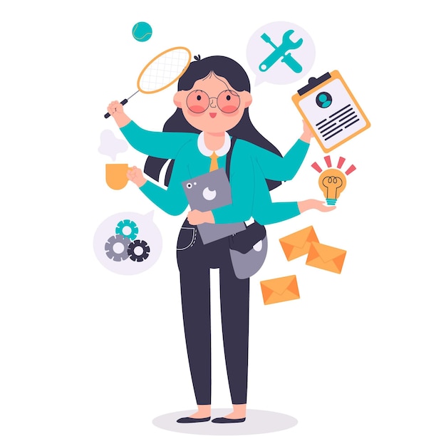 Free vector business woman doing various tasks in the same time