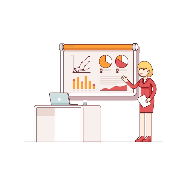 Free vector business woman giving a speech showing sales