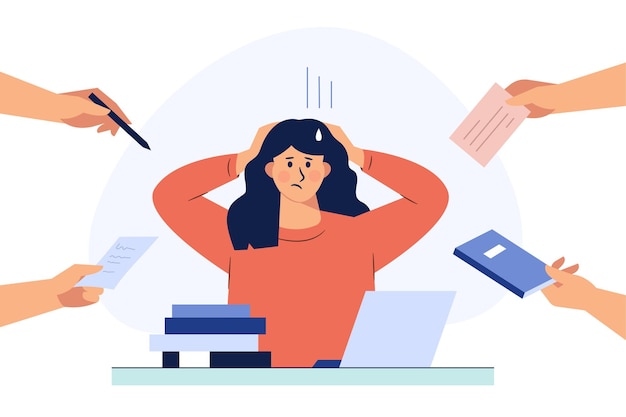 A business woman is holding her hair under stress during work. hand drawn style vector design illustrations.