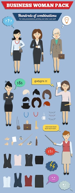 Free vector business woman pack with female body parts and accessories vector illustration