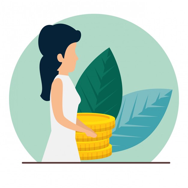 business woman with coins and leaves