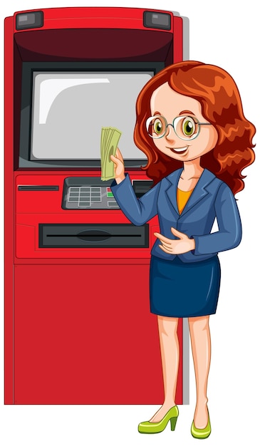 Free vector business woman withdraw money from atm machine