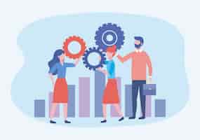 Free vector business women and business man with gears and statistics bar