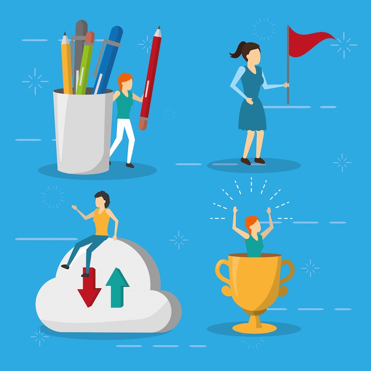 Free Vector business women flag trophy cloud storage, flat style