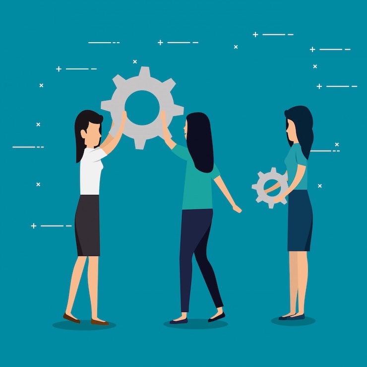 Free Vector business women teamwork with gears industry