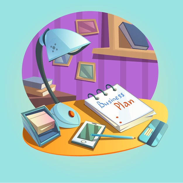 Free vector business workplace concept with desk and office items retro cartoon style