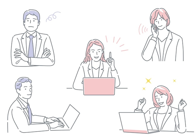Бизнесмен и деловая женщина, работающая в своем офисе, выражая разные эмоции