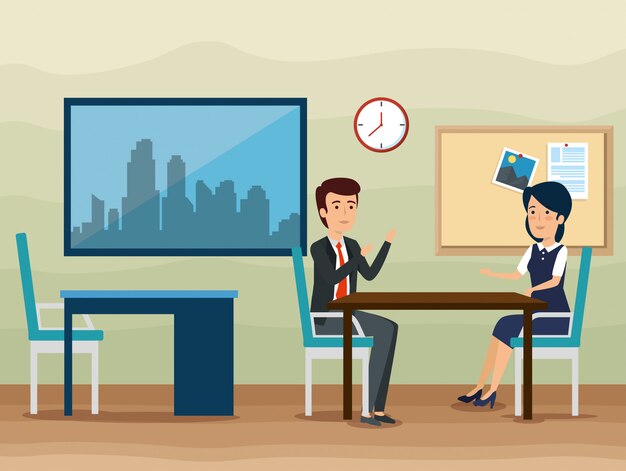 Free vector businessman and businesswoman talking at the office