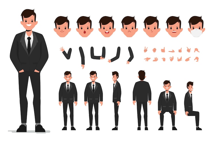 無料Vector さまざまなポーズの黒のスーツコンストラクターのビジネスマンのキャラクターさまざまな男性の顔のセット