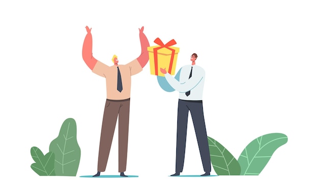 Бизнесмен персонаж дарит упакованную подарочную коробку веселому коллеге на день рождения или празднование события