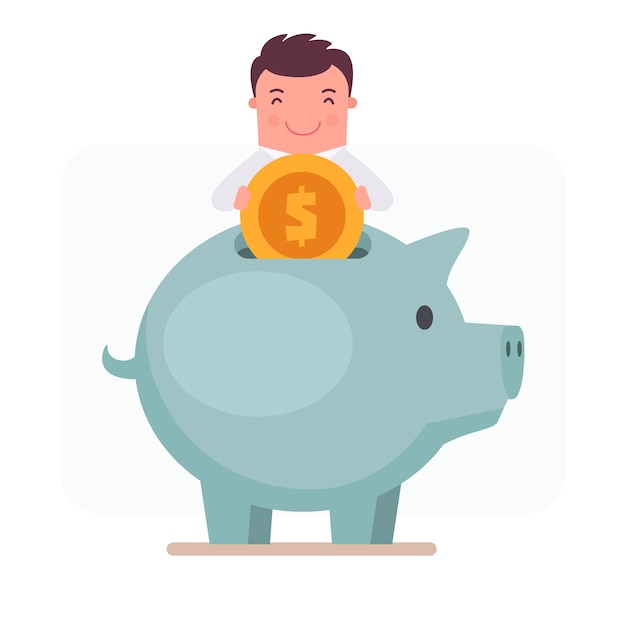 Businessman character putting money in a piggy bank