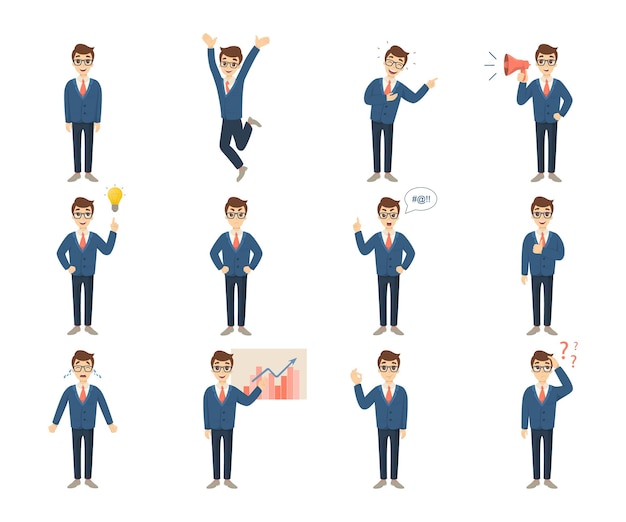 Free vector businessman character set on white background handsome man