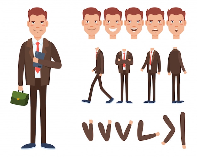 Free vector businessman character set with different poses, emotions