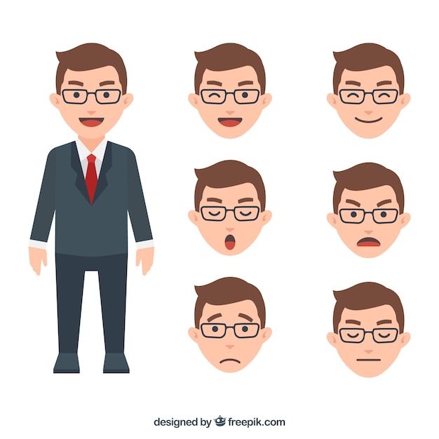 Free vector businessman character with facial expressions