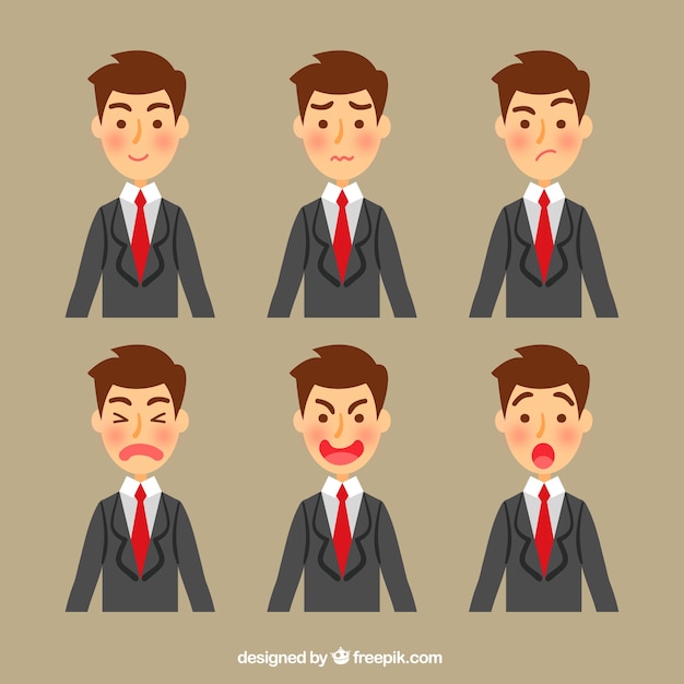 Free vector businessman character with several expressive faces