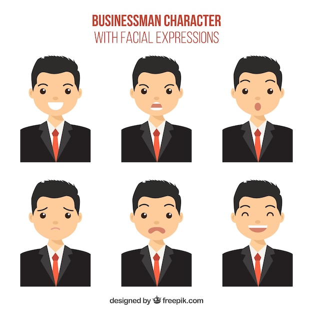 Businessman character with six facial expressions