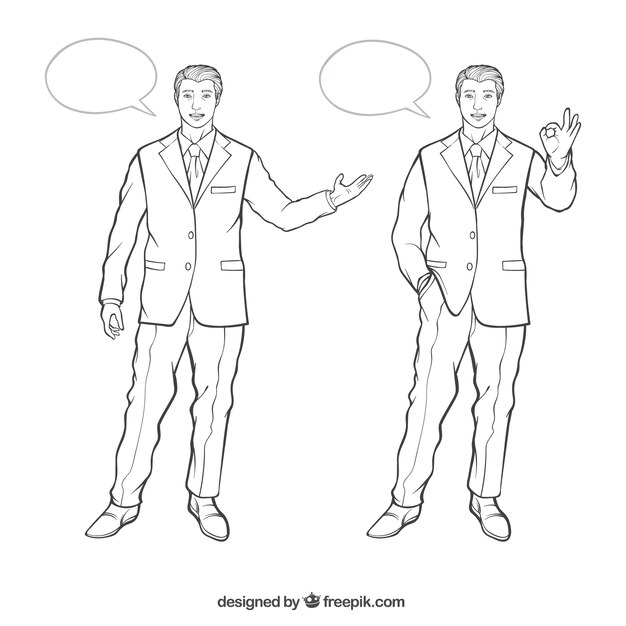Businessman characters with different postures and speech bubbles