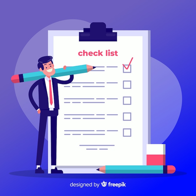 Vettore gratuito uomo d'affari che controlla il fondo gigante della lista di controllo