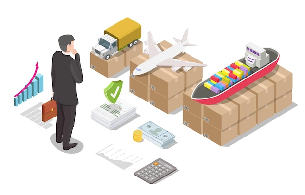 Businessman choosing cargo shipping and logistic company sea air road freight delivery vector isomet...