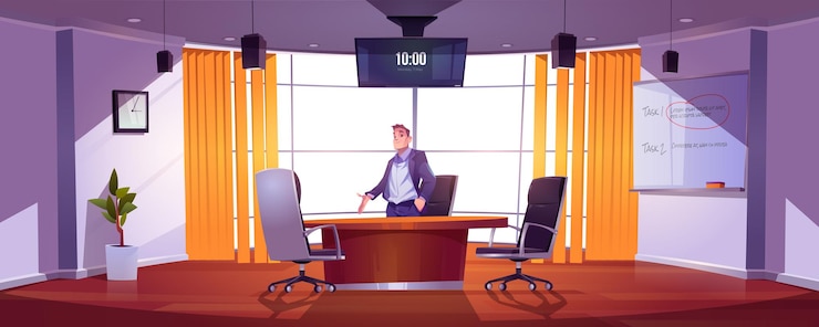 無料Vector 会議、チームのプレゼンテーション、ディスカッションまたはトレーニングのための会議室のビジネスマン。テーブル、椅子、画面、ボードと会社のオフィスの会議室の男のベクトル漫画イラスト