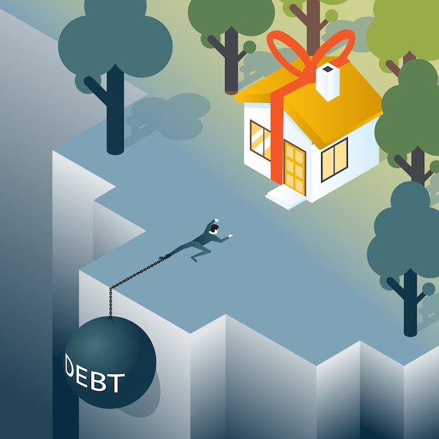 Бизнесмен или потребитель с долгом вылезает из пропасти. Дом и долг, ипотека и недвижимость. Векторная иллюстрация