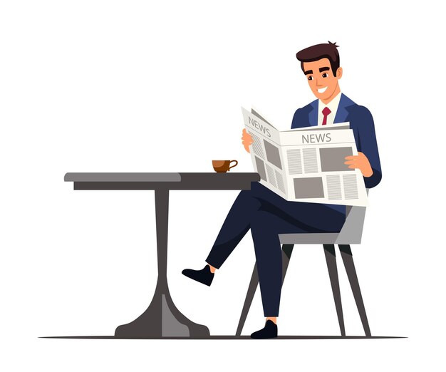 ビジネスマンは休憩中にコーヒーカフェを飲む会社の従業員のキャラクターがテーブルに座って日刊紙を読んで熱い香りの飲み物を楽しんでリラックスとリフレッシュ