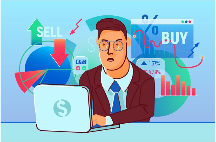 Free Vector businessman or finance manager working on laptop crisis manager stock market trader and business analytics concept vector illustration