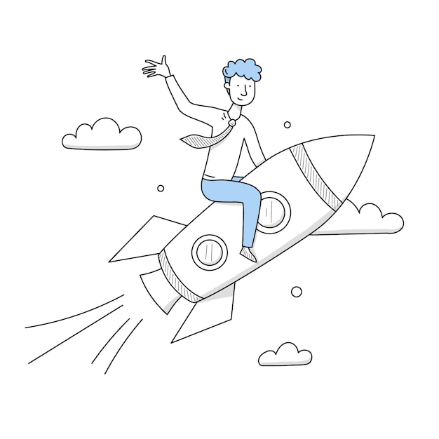Businessman flying on rocket up to sky. Business concept of startup, goal achievement, ambition task, trend, successful career boost, progress and leadership, Line art doodle vector illustration