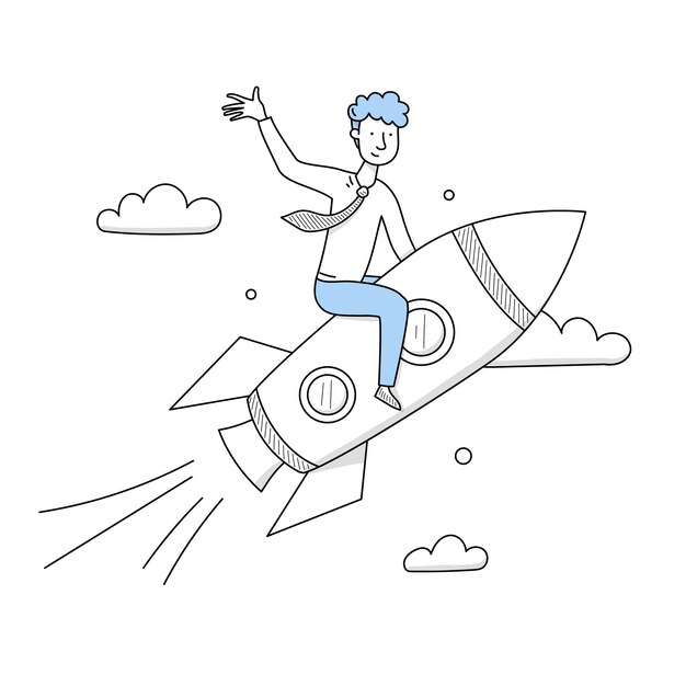 Businessman flying on rocket up to sky. Business concept of startup, goal achievement, ambition task, trend, successful career boost, progress and leadership, Line art doodle vector illustration