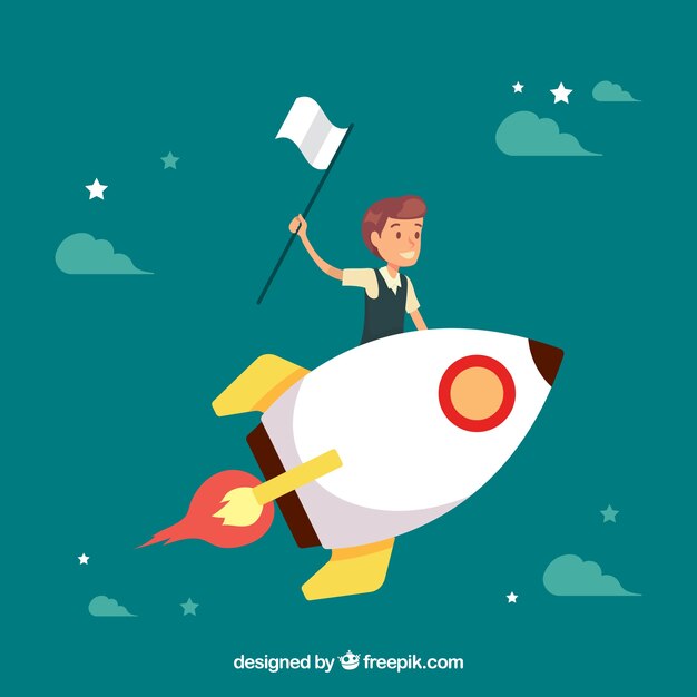 Businessman flying in a rocket with flag