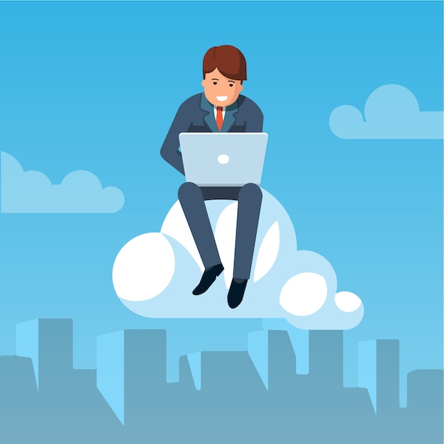 Free vector businessman flying in the sky and working