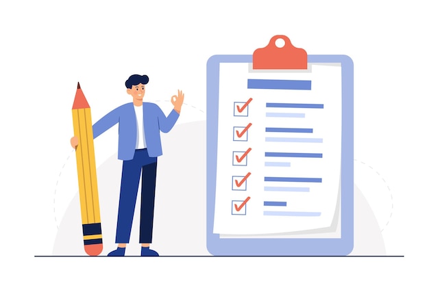 Free vector businessman holding pencil at big complete checklist with tick marks