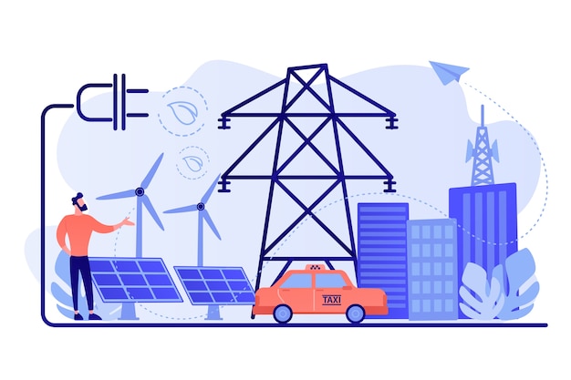 Бесплатное векторное изображение Бизнесмен в зеленом городе и электромобиль, использующий альтернативное топливо
