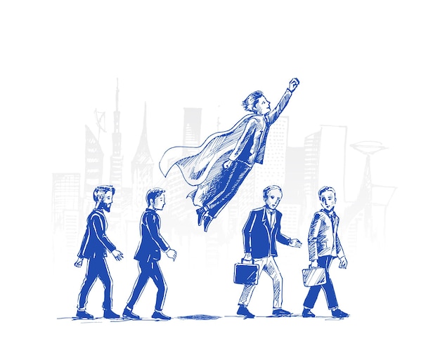 Free vector businessman is flying like superman hand drawn sketch vector illustration