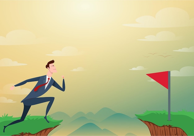 Businessman jump through the gap obstacles between hill to red flag.Cartoon Illustration.