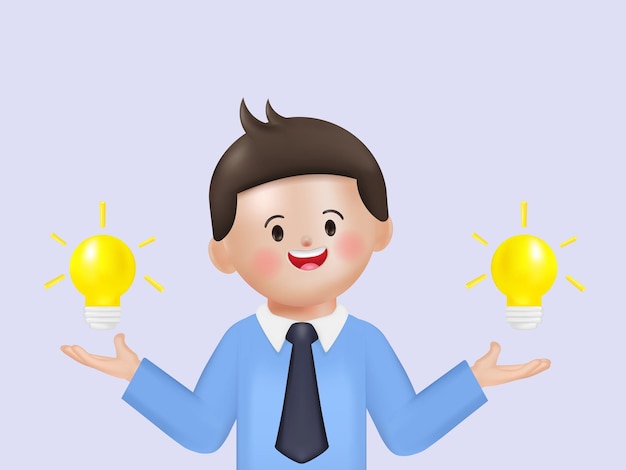 Free vector businessman make money with lamp on hand holding in background 3d bulb vector render for finance