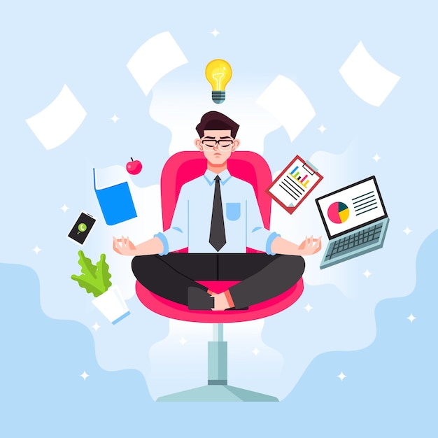 Free vector businessman meditating on his chair at work
