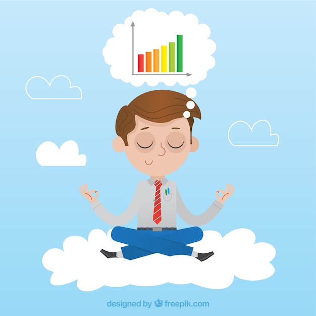 Free vector businessman meditating and thinking in charts