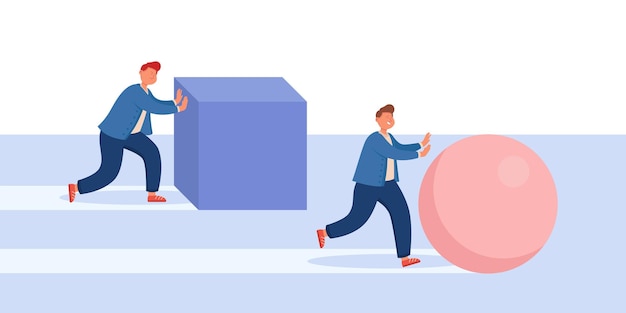 Free vector businessman moving box while smarter competitor pushing ball