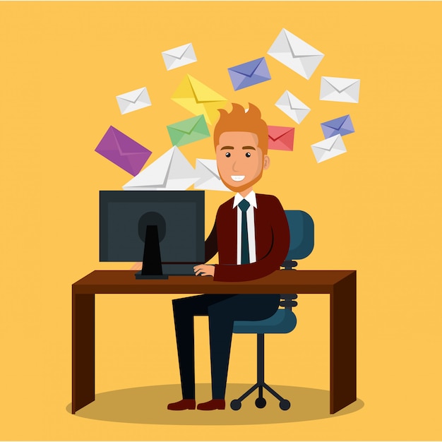 businessman in the office with e-mail marketing icons