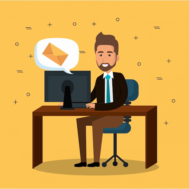Free vector businessman in the office with e-mail marketing icons