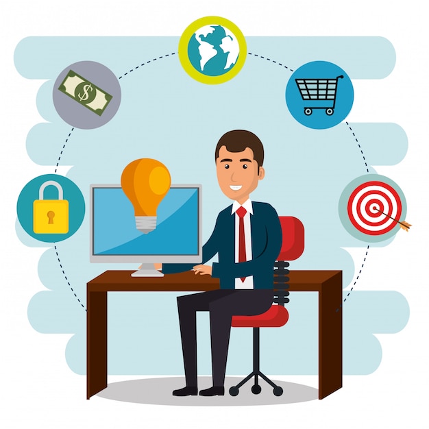 Free vector businessman in the office with e-mail marketing icons