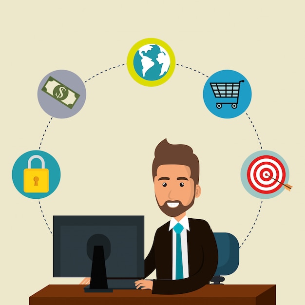 businessman in the office with e-mail marketing icons