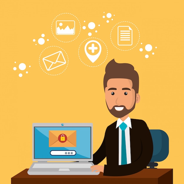 Free vector businessman in the office with e-mail marketing icons