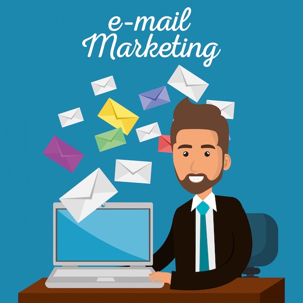 businessman in the office with e-mail marketing icons