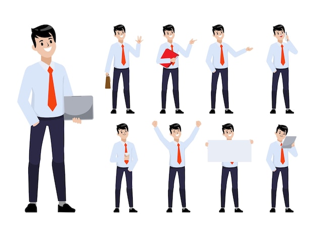 Free vector businessman in office worker character pose set flat cartoon people design