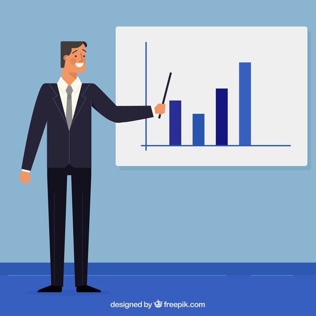 Businessman pointing at a board with graphics